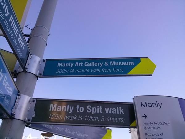 A signpost pointing to the "Manly Art Gallery & Museum"