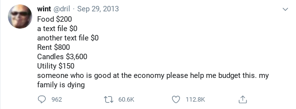 [a dril tweet]Food $200a text file $0another text file $0Rent $800Candles $3,600Utility $150someone who is good at the economy please help me budget this. my family is dying